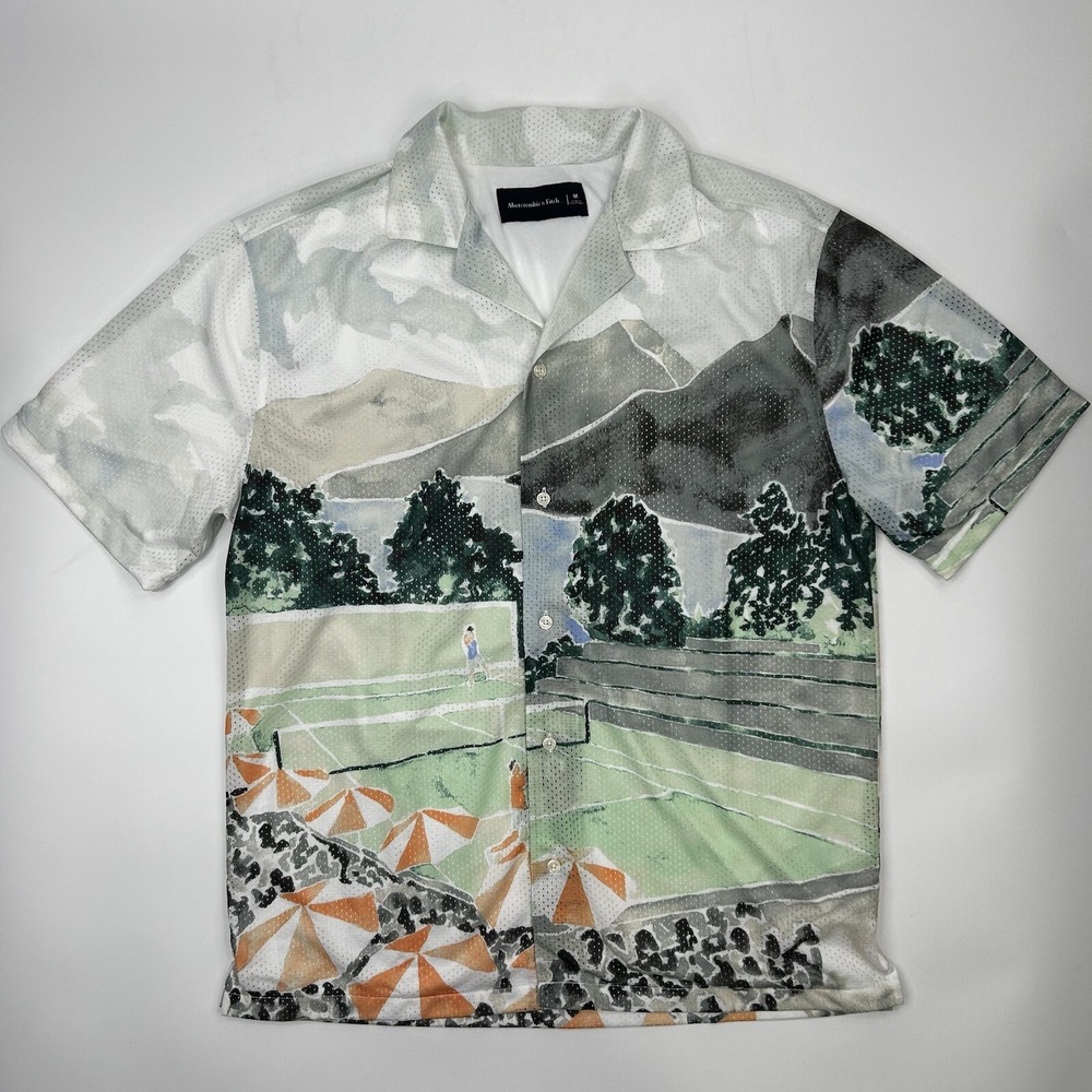 Abercrombie & Fitch Men M Getaway Scenic Print Mesh Button Up Short Sleeve Shirt